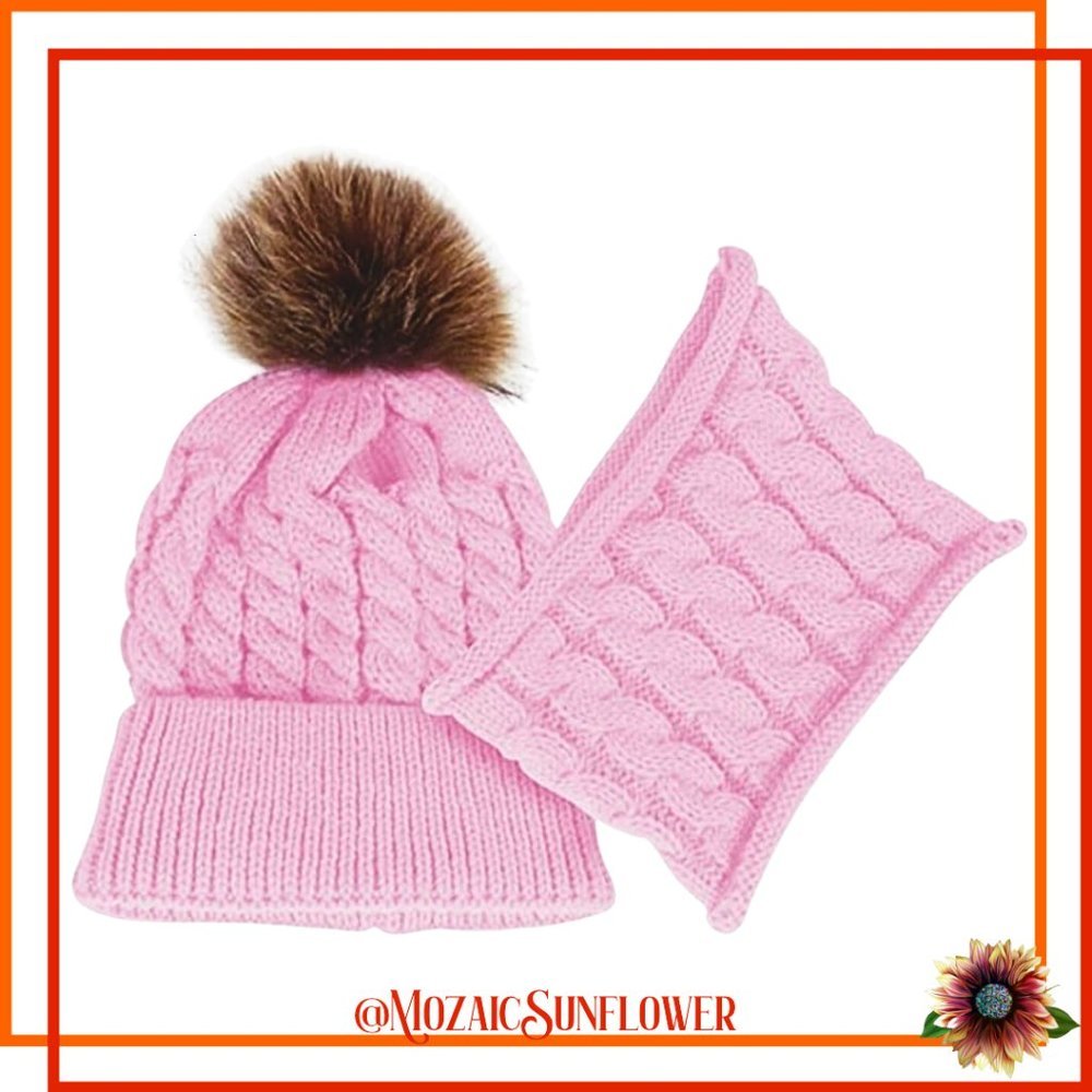 Toddler 2 Piece Hand Cable Knit Pink Hat Faux Fur Pom and Collar Scarf